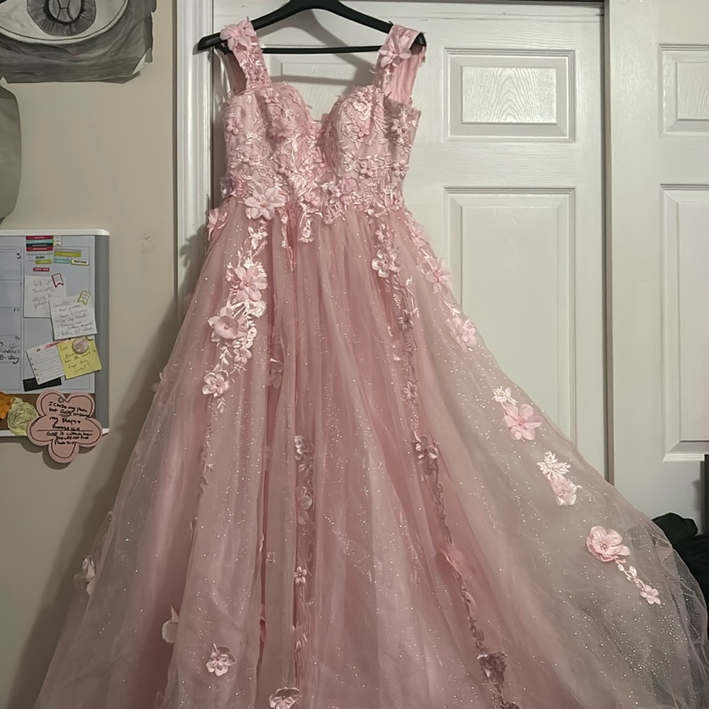 pink floral sweet 16 dress that also laces up in the back